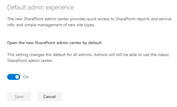 Modern Admin Center Default Experience Settings