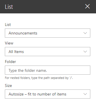 Additional list types supported Announcement template