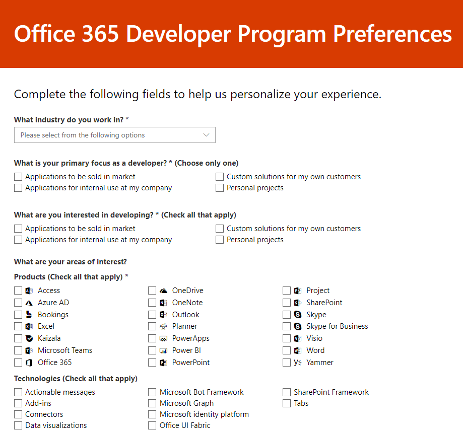 Office 365 Developer Tenant Program Preferences